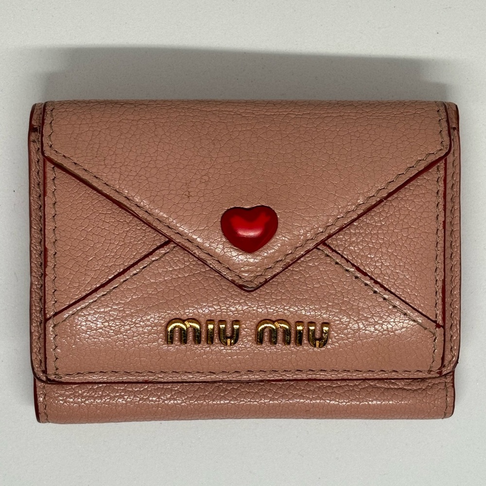MIU MIU Logo Heart Madras Love Letter Leather Compact Trifold Wallet Authentic